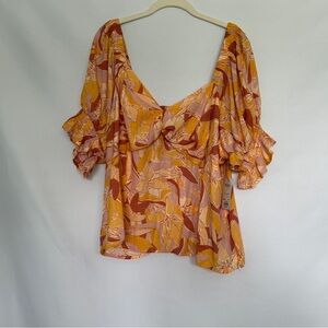 Nine West‎ Orange and Pink Tropical Floral Print Top